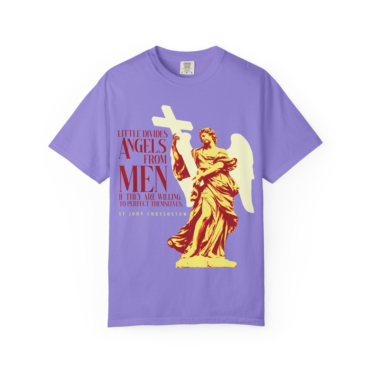 Violet heavyweight cotton unisex tee featuring St. John Chrysostom’s quote, "Little Divides Angels from Men If They Are Willing to Perfect Themselves," with artwork of an angel and cross, celebrating virtue and the depths of human nature in Orthodox Christian tradition.