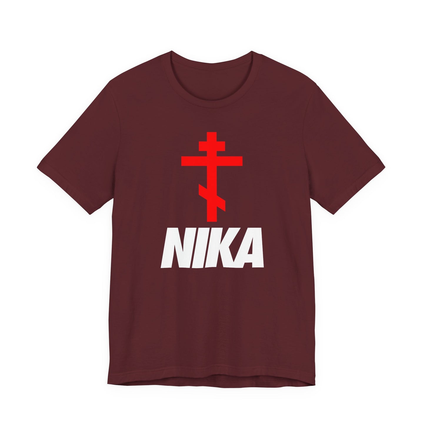Maroon Orthodox Cross with bold white NIKA text, inspired by Orthodox iconography and minimalist design, featured on the front of this Christian T-shirt—NIKE logo mashup, Jesus Christ Conquers athletic ascetic fashion.