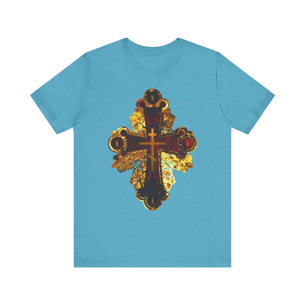 Heather Aqua unisex lightweight cotton t-shirt featuring a large ornate gold and red NIKA Cross with a metallic style design centered on the front, inspired by Orthodox Christian tradition and the spirit of the Sessional Hymn from Tone 3 Tuesday Matins.