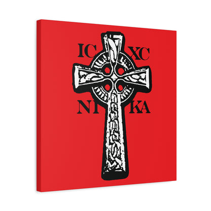 The ICXC NIKA Celtic Knotwork Cross wall art features a bold black and white cross on a red background with the Greek letters IC XC NI KA, symbolizing Jesus Christ conquers—traditional Orthodox Christian décor.