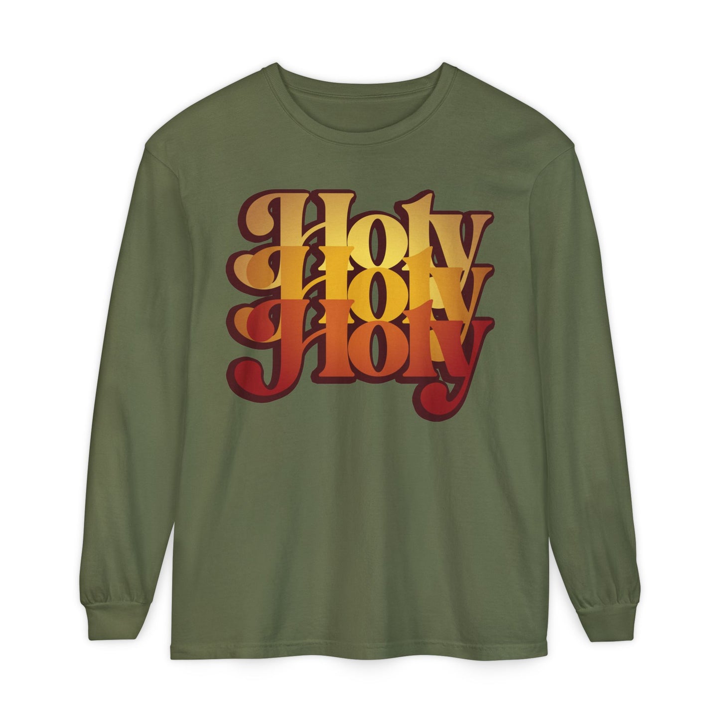Hemp-colored long sleeve cotton shirt with "Holy Holy Holy" in bold retro orange and red, inspired by Isaiah 6:1-3. Trisagion Liturgical Prayer 70s style, featuring Cherubim & Seraphim design. Orthodox Christian apparel.