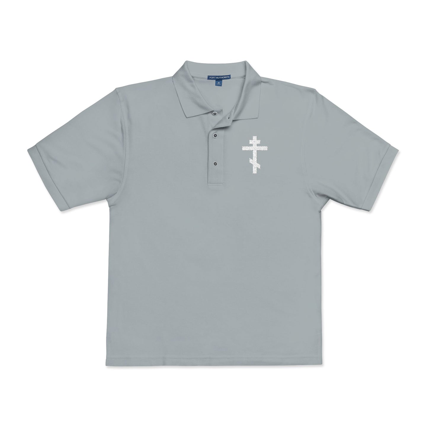 Embroidered White Orthodox Cross | "May I never boast, except in the cross of our Lord Jesus Christ" (Gal 6:14) | Christian Polo Shirt