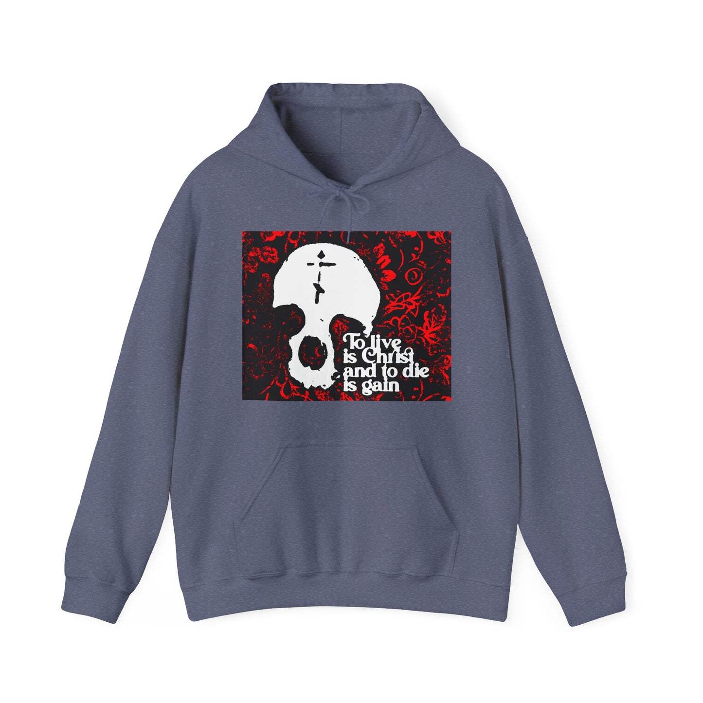 To Live is Christ To Die is Gain (Phil 1:21) | Skull with Cross on Red Floral Texture | Orthodox Christian Hoodie / Hooded Sweatshirt