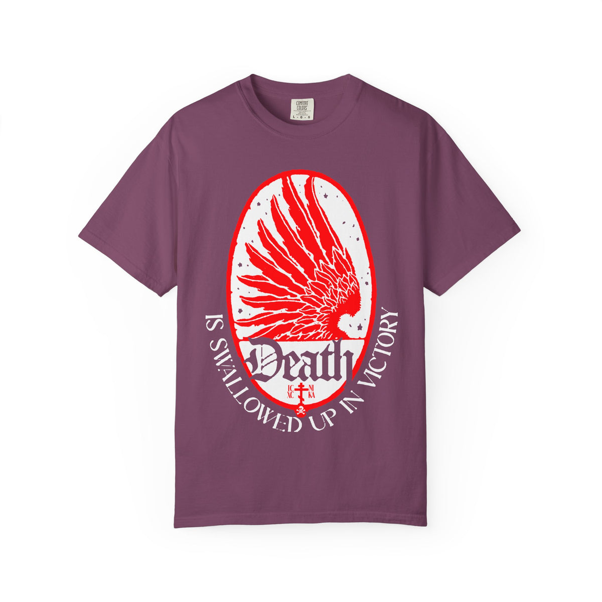 Berry-colored heavyweight cotton unisex tee featuring an Art Nouveau eagle wing and stars design with the text “Death is Swallowed Up In Victory (1 Cor 15:54)” on the front, symbolizing immortality and victory over death.