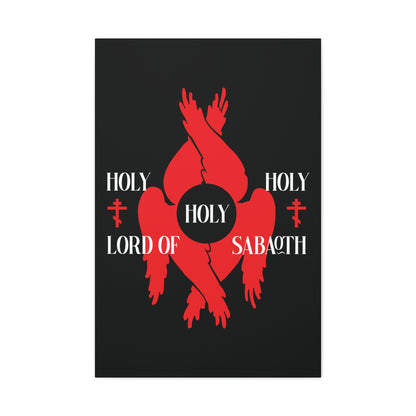 Holy Holy Holy Lord of Sabaoth Red Seraphim Wings Orthodox Crosses canvas art—red six-winged angel on black, with Isaiah 6:3 text, inspired by the Divine Council and St Cyril of Jerusalem’s teachings.