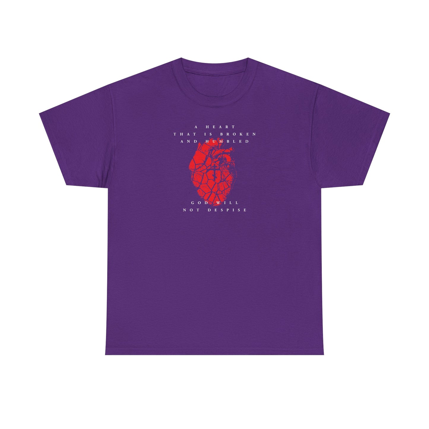 Purple heavy cotton T-shirt featuring a cracked heart with Orthodox cross and the text “A heart that is broken and humbled God will not despise”—inspired by Psalm 51’s message of repentance.