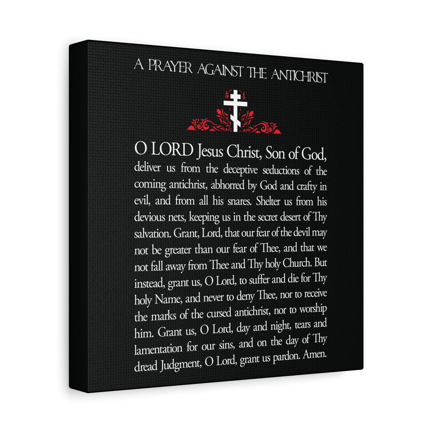 The "Prayer Against the Antichrist By Elder Anatoly the Younger of Optina" Orthodox Christian wall art features white text of a powerful prayer on black canvas, a striking red cross at the top, and references to Christ as King and Revelation.