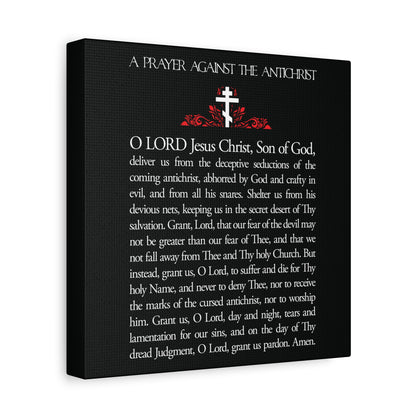 The "Prayer Against the Antichrist By Elder Anatoly the Younger of Optina" Orthodox Christian wall art features white text of a powerful prayer on black canvas, a striking red cross at the top, and references to Christ as King and Revelation.