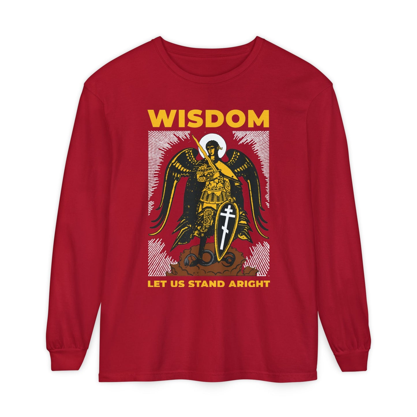 Red long sleeve "Wisdom: Let Us Stand Aright" shirt featuring Archangel Michael with sword and shield in a Russian Orthodox Christian illustration, inspired by Revelation 12.