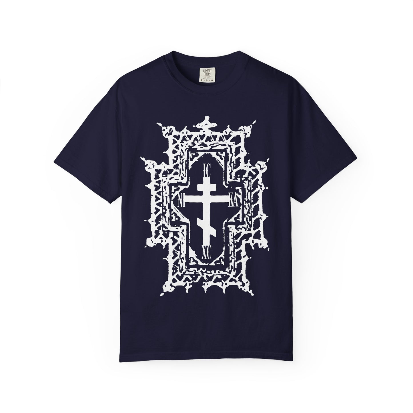 Introducing the “ICXC NIKA | Jesus Christ Conquers” heavyweight cotton unisex tee in True Navy, featuring a large white Orthodox cross in a Gothic cathedral style on the front—symbolizing Jesus’ sufferings, the crown of thorns, and the message “Healed By His Wounds.”.