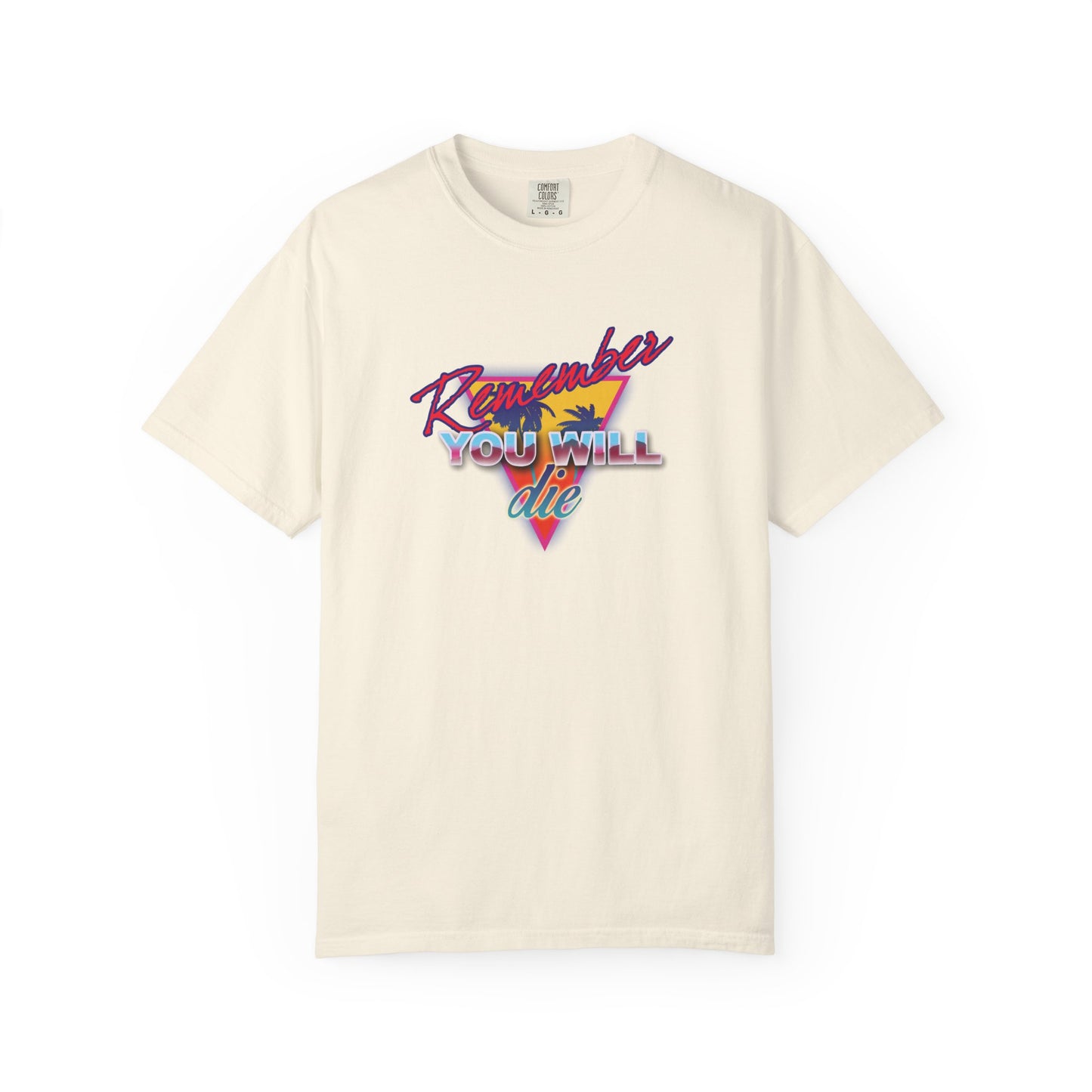 Ivory heavyweight cotton unisex tee featuring colorful 80s retro synthwave "Remember You Will Die" palm tree graphic, inspired by memento mori themes from St. John Climacus’ The Ladder of Divine Ascent.