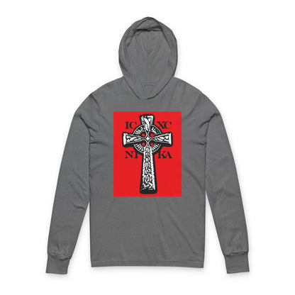 Grey TriBlend hooded shirt featuring the ICXC NIKA Celtic Knotwork Cross in black and white on a red background, with "Jesus Christ Conquers" in bold lettering; a traditional Orthodox Christian design.