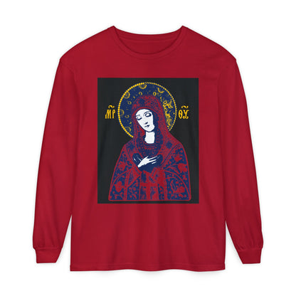 Joy of All Joys Tenderness Theotokos Iconographic Based on Traditional Orthodox Iconography | Red Design | Orthodox Christian Long Sleeve Shirt