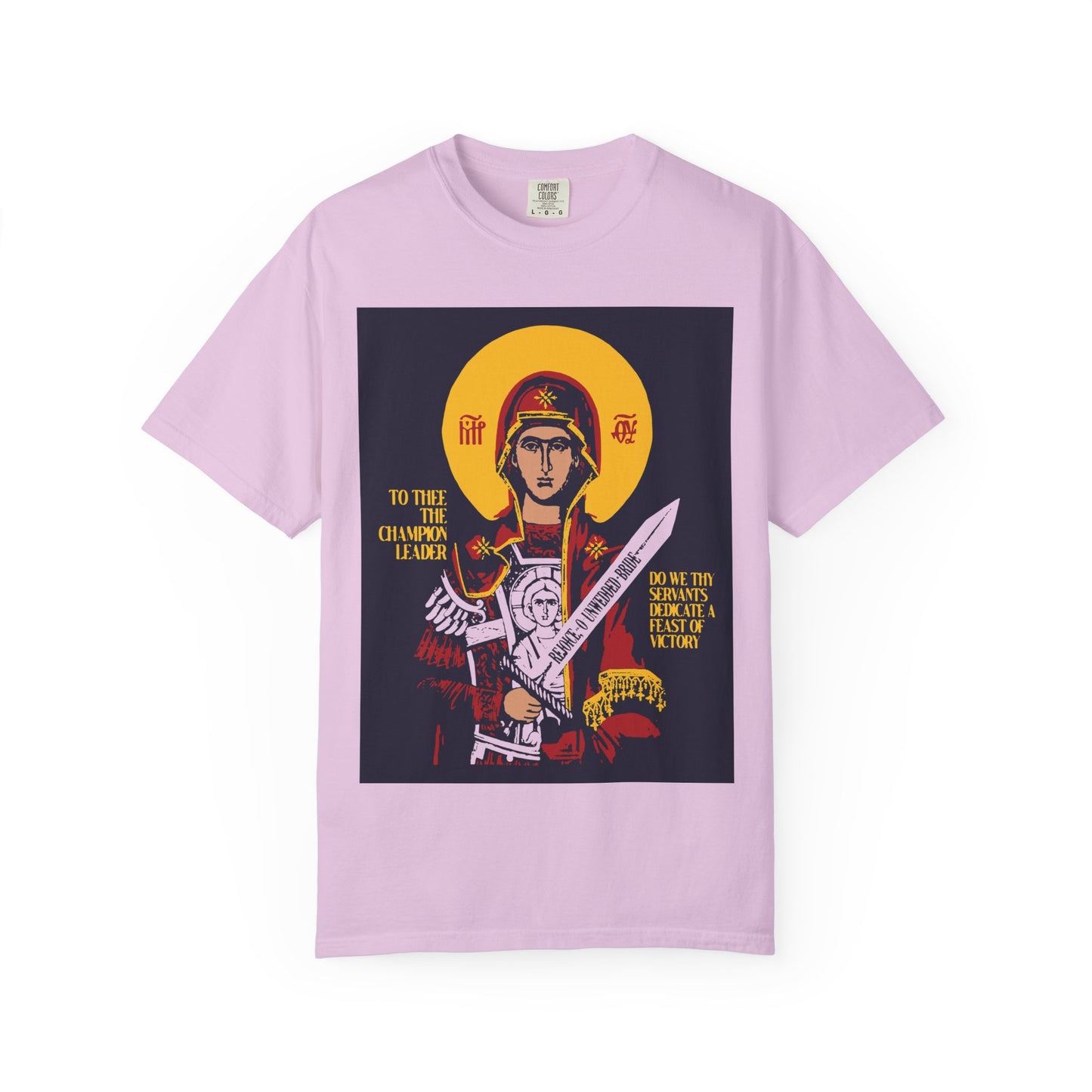 To Thee the Champion Leader | Mother of God | Theotokos with Sword IconoGraphic | Heavyweight Cotton Unisex Orthodox T-Shirt
