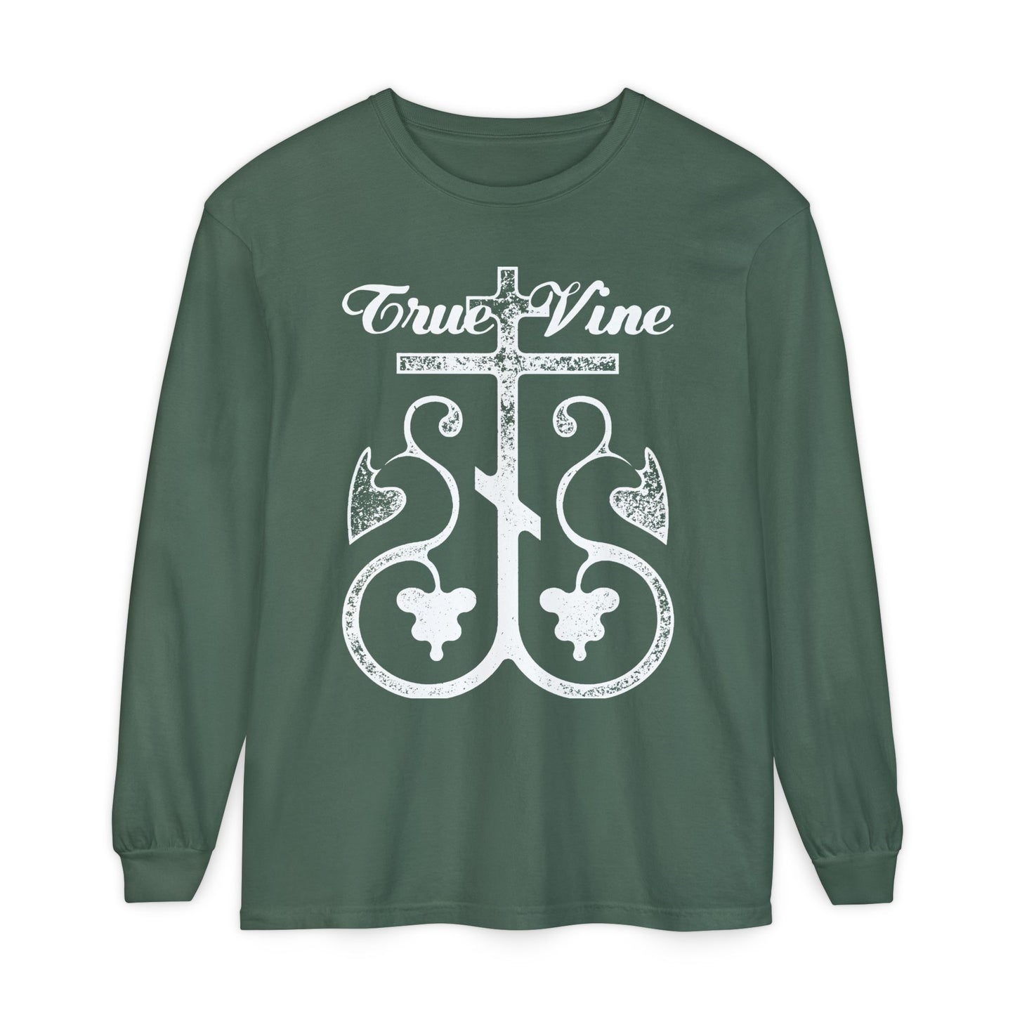I Am the True Vine (John 15, Ezekiel 15) | Orthodox Cross with Grape Vine | Photocopy Effect | Orthodox Long Sleeve Cotton Shirt