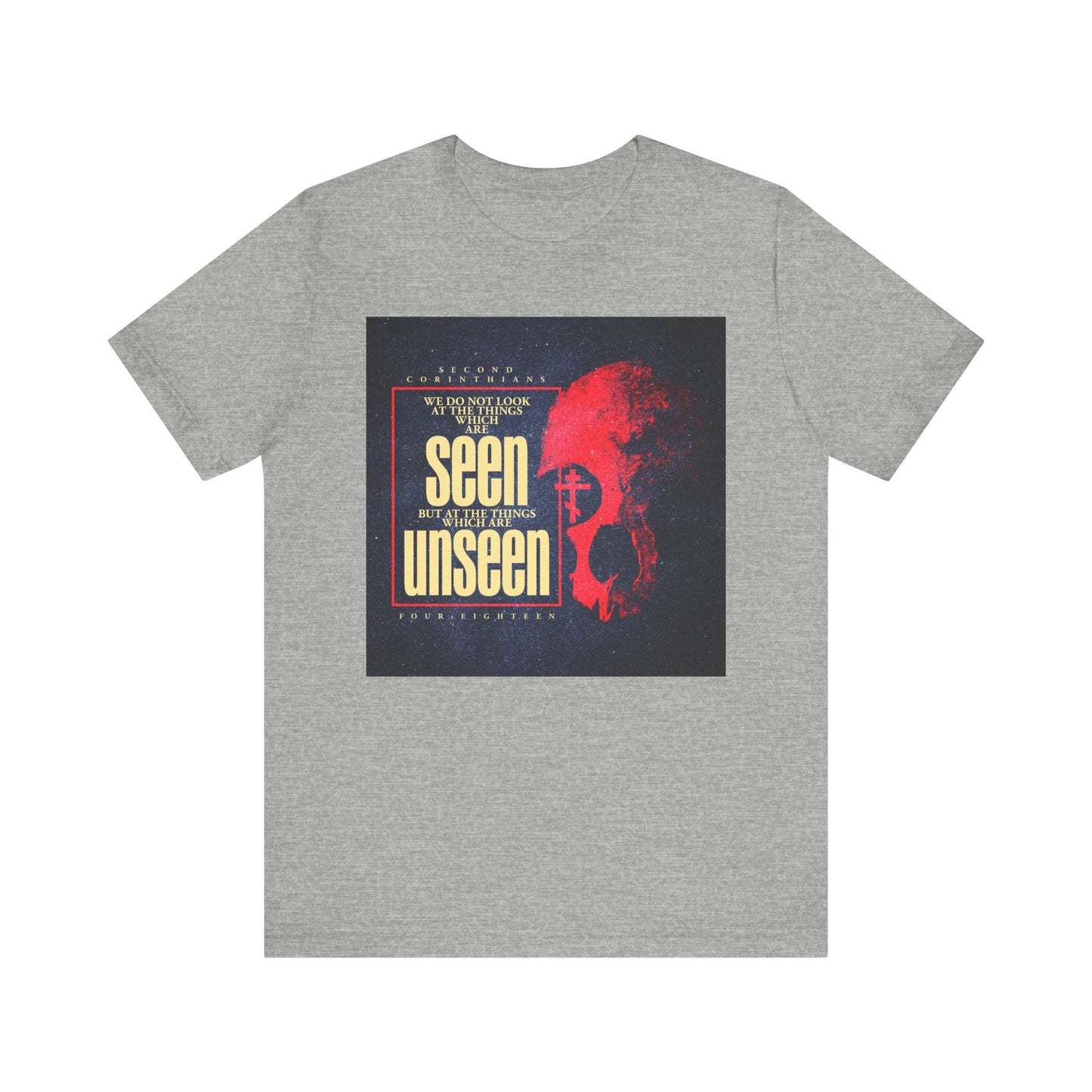 Athletic Heather t-shirt featuring a red skull and Orthodox Cross with a textured design and the phrase "We Do Not Look At the Things Which Are Seen (St. Paul)"—a Christian lightweight cotton unisex tee that subtly nods to the eternal weight of glory in 2 Corinthians, embodying the resilience of the inward man.