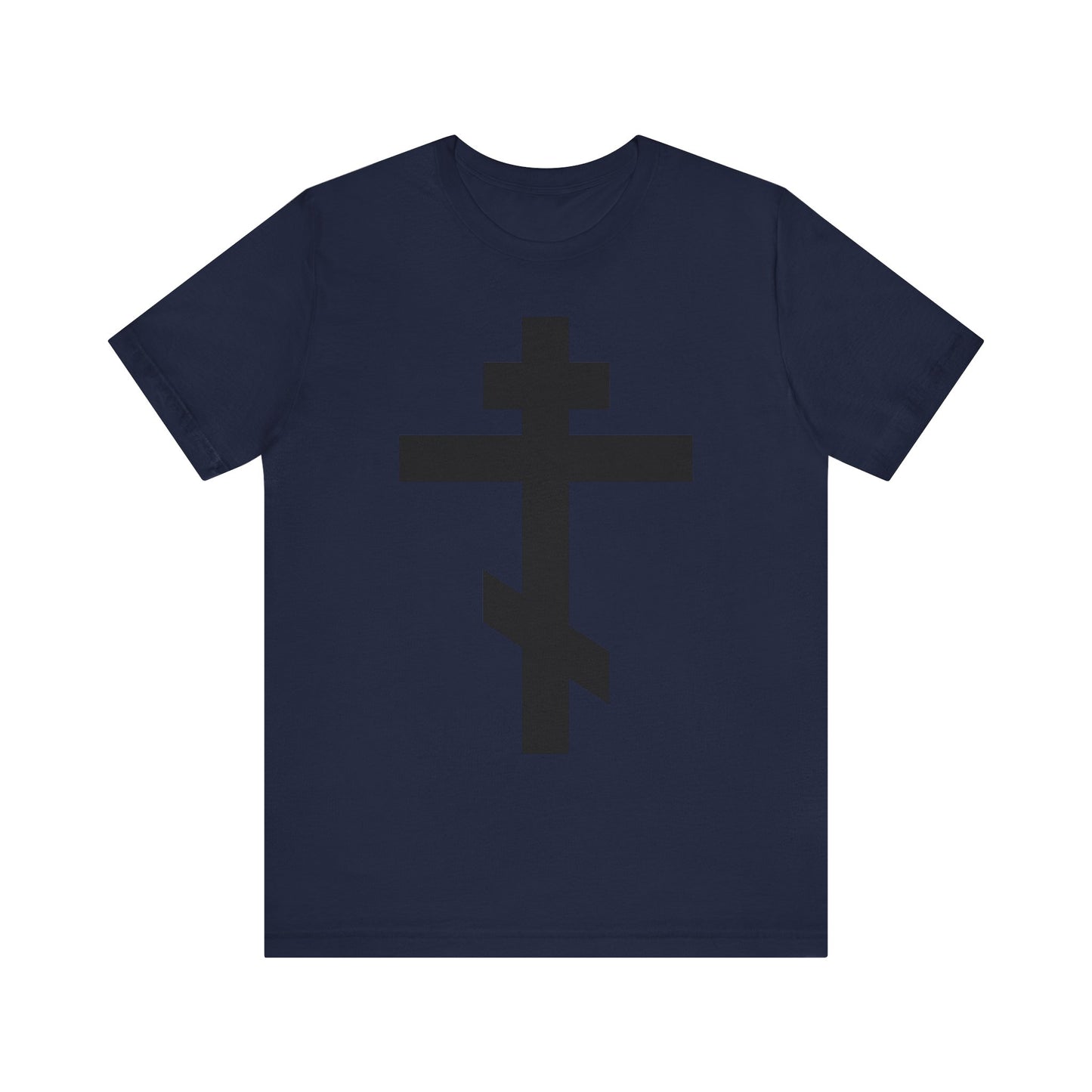 Navy Large Black Orthodox Cross Tee – “He bore our sins on the cross so that we might die to sin & live to righteousness” – lightweight unisex cotton, inspired by St John Chrysostom’s Commentary on Galatians.