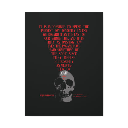 A skull with a red Orthodox cross beneath text on St John Climacus, memento mori, and meditation on death—"The Present Day As the Last Day of Our Life"—featured on black Orthodox canvas wall art.