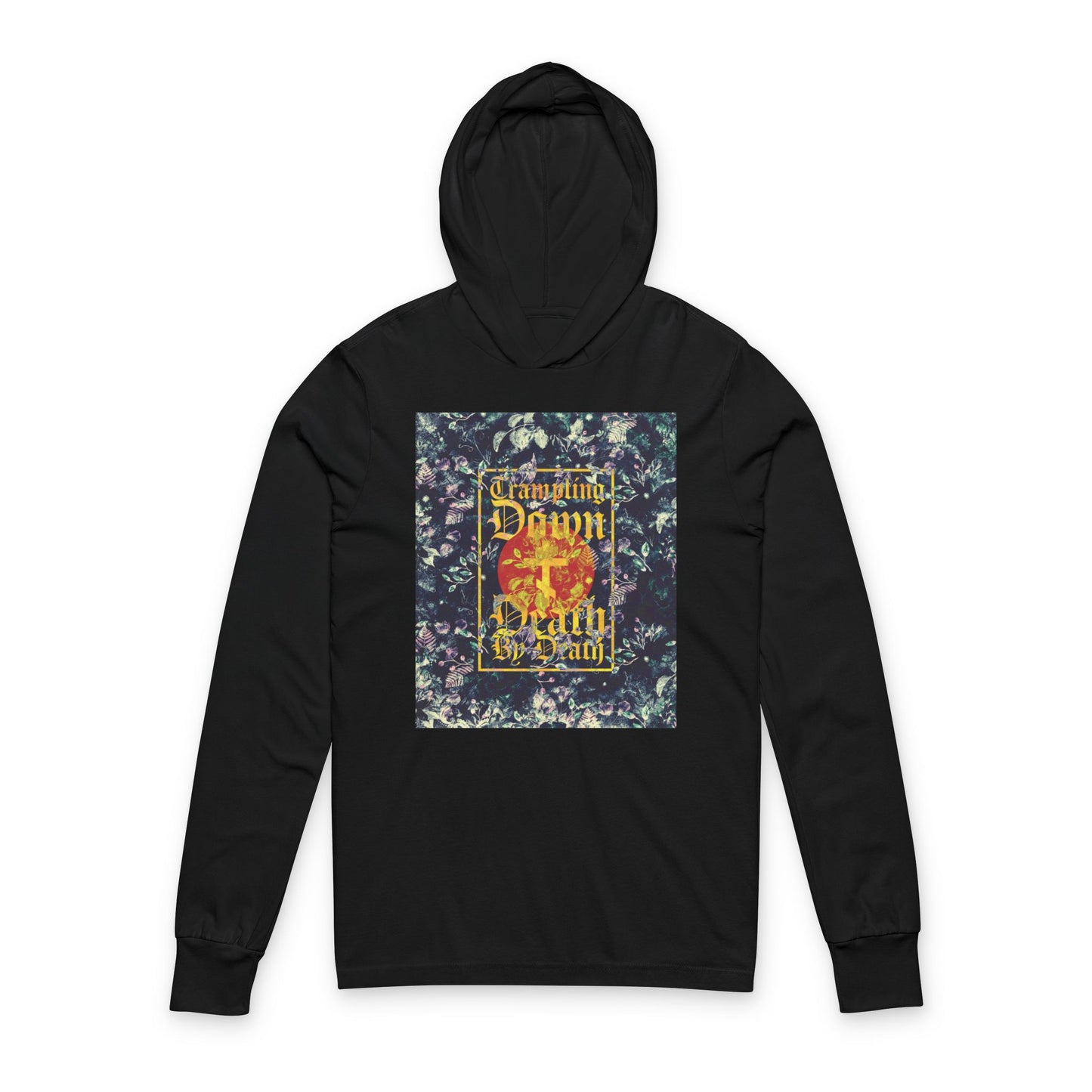 Trampling Down Death By Death | Paschal Floral Design with Gothic Script and Three-Bar Cross | Orthodox Long Sleeve Hooded Shirt