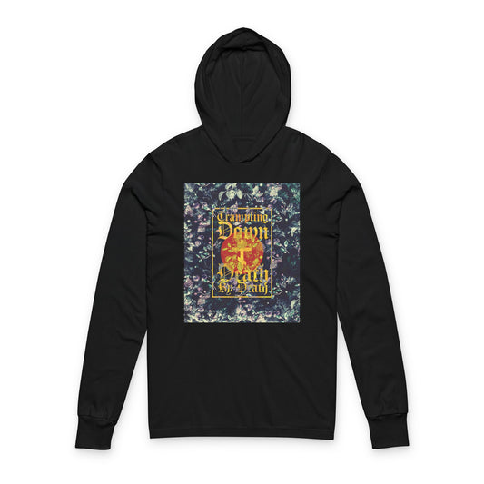 Trampling Down Death By Death | Paschal Floral Design with Gothic Script and Three-Bar Cross | Orthodox Long Sleeve Hooded Shirt