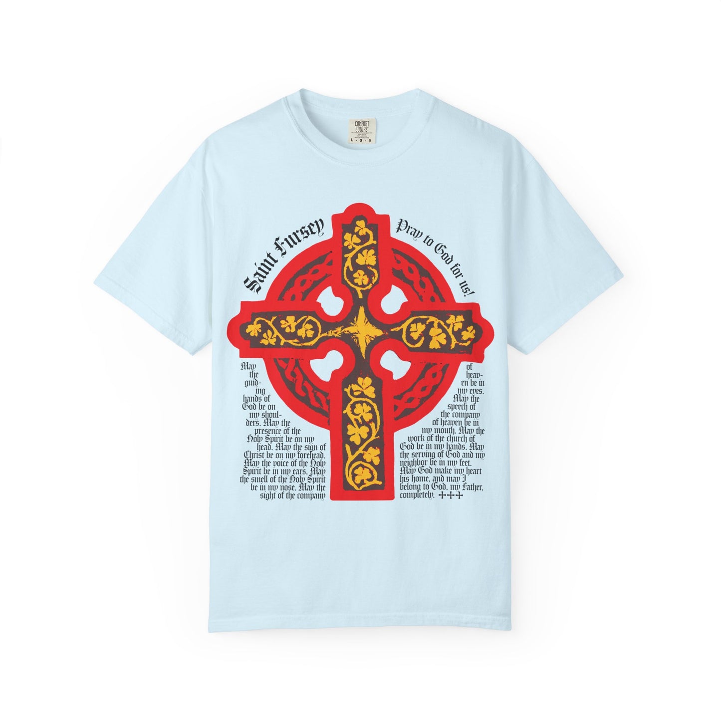 Chambray heavyweight cotton tee featuring a bold red and yellow Celtic cross with shield prayer of St. Fursey, inspired by the Irish Orthodox Western Rite. Unisex fit.
