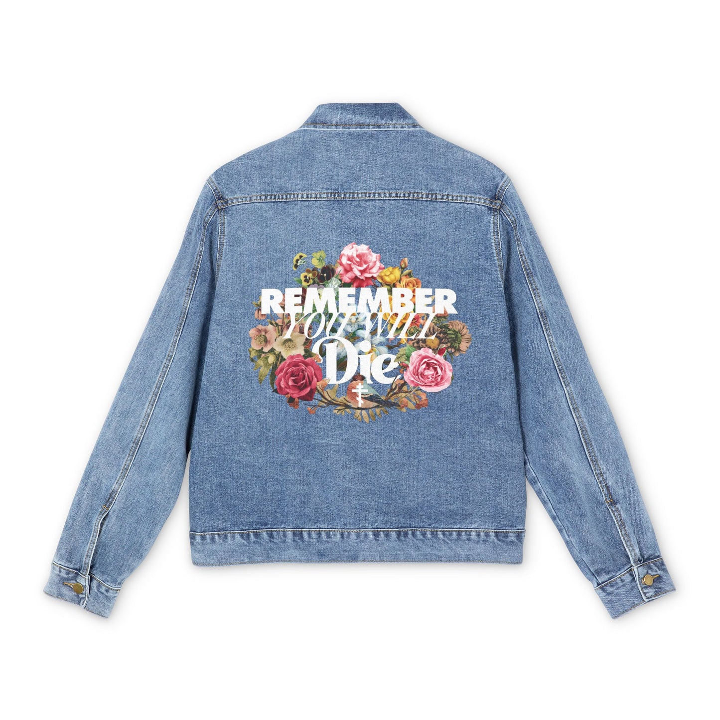 Remember You Will Die | Cross | Classic Typography & Floral Wreath Design Orthodox Christian blue denim jacket in a medium denim wash, inspired by Memento Mori and St. Ignatius Brianchaninov; photographed on a white background.