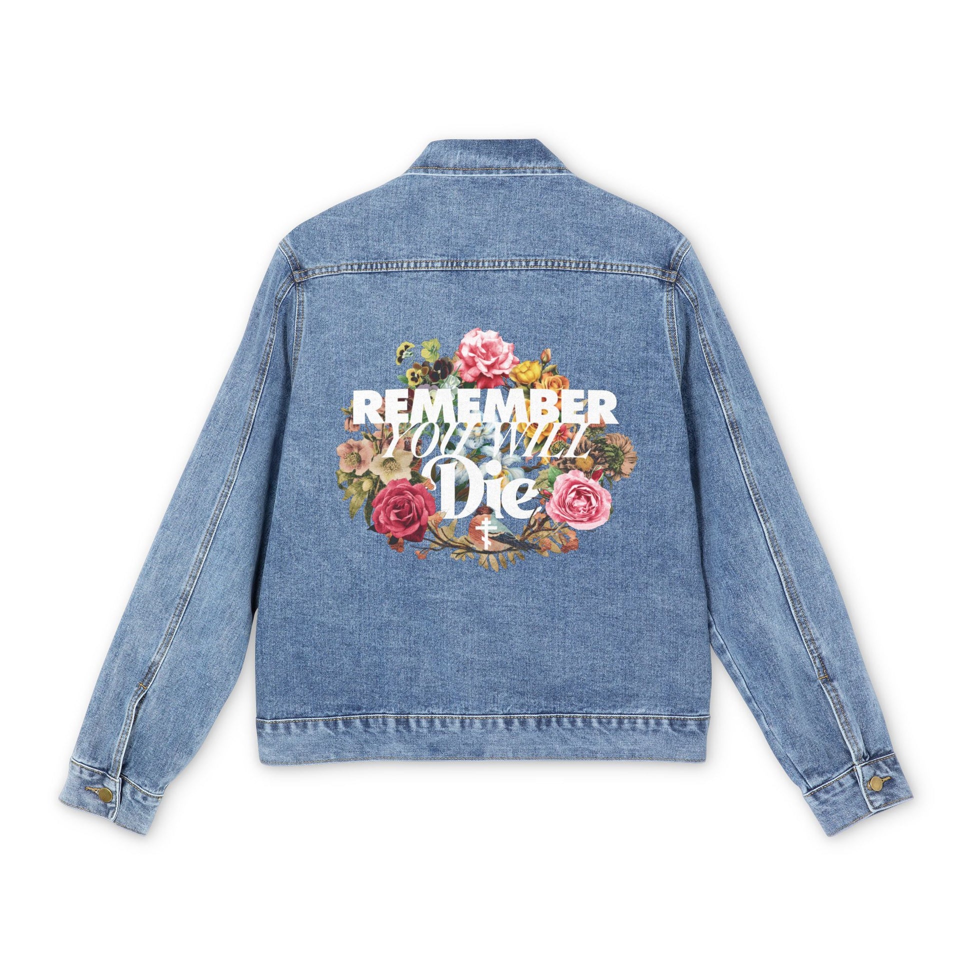 Remember You Will Die | Cross | Classic Typography & Floral Wreath Design Orthodox Christian blue denim jacket in a medium denim wash, inspired by Memento Mori and St. Ignatius Brianchaninov; photographed on a white background.