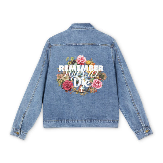 Remember You Will Die | Cross | Classic Typography & Floral Wreath Design | Memento Mori | Orthodox Christian Blue Denim Jacket