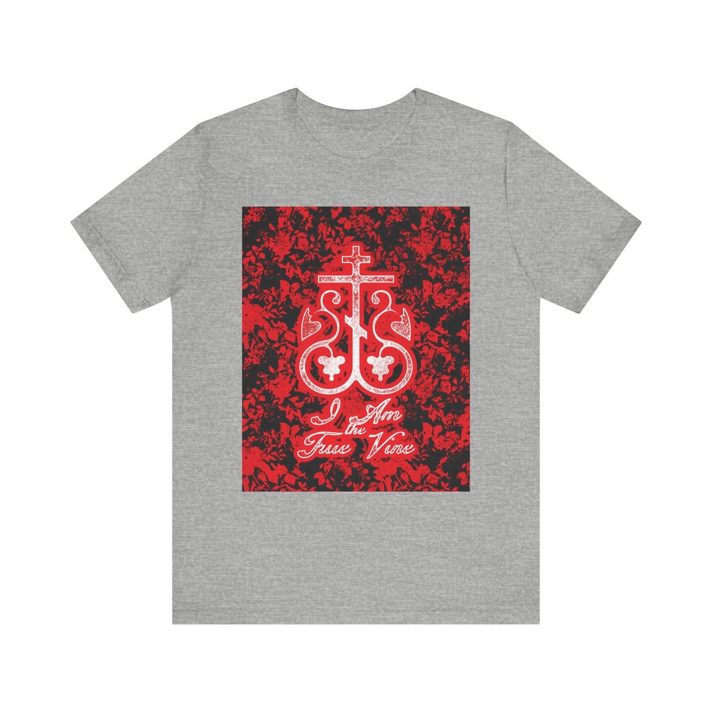 Athletic Heather “I Am the True Vine (John 15:1)” tee features an Orthodox Cross vine monogram with red and black floral design—a lightweight unisex cotton shirt inspiring you to bear fruit each day.