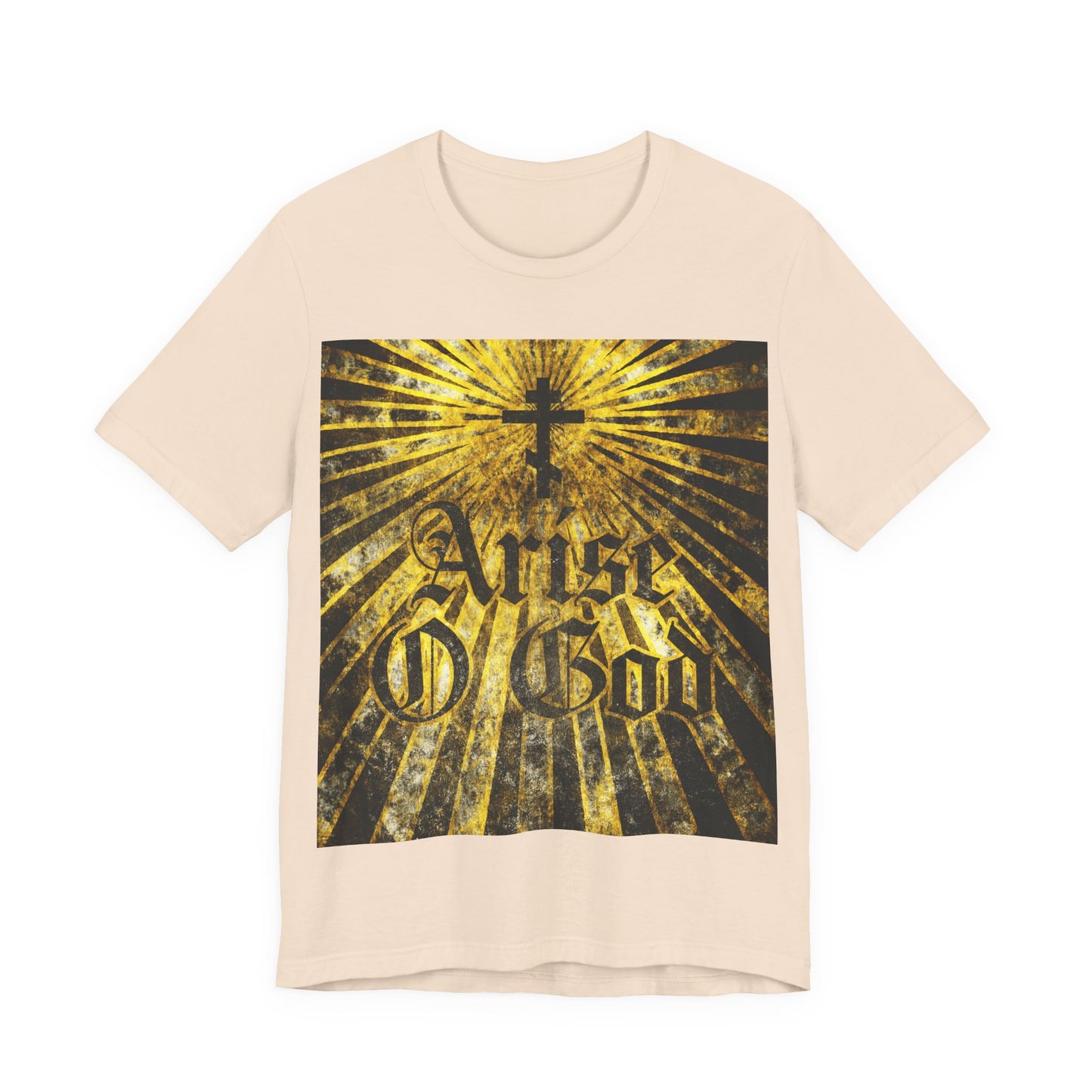 Soft Cream “Arise O God” t-shirt featuring Psalm 81 (82 LXX), bold textured gothic font, Orthodox cross, and golden rays; inspired by the Divine Council worldview.