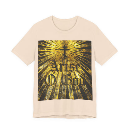Soft Cream “Arise O God” t-shirt featuring Psalm 81 (82 LXX), bold textured gothic font, Orthodox cross, and golden rays; inspired by the Divine Council worldview.