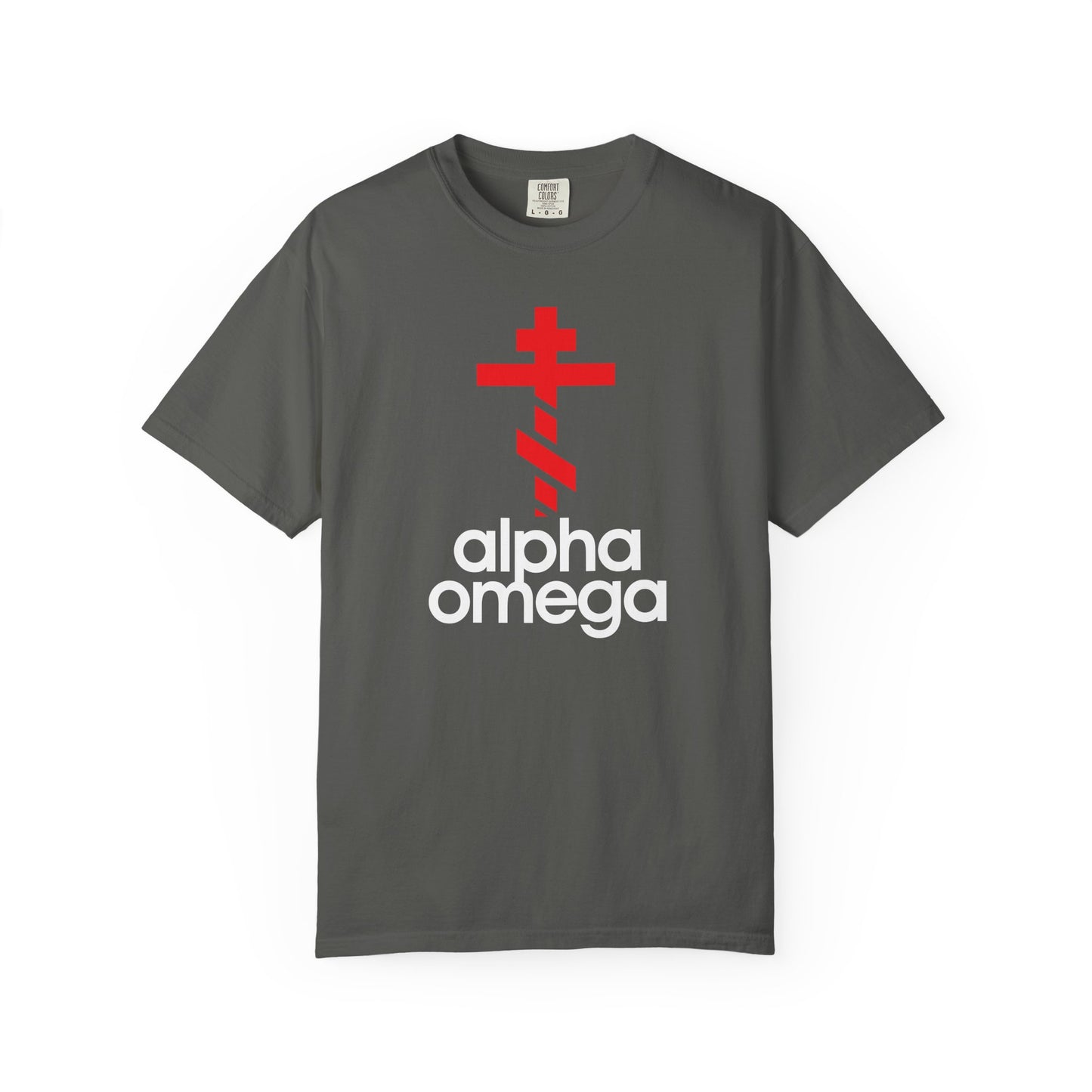 Pepper-colored heavyweight cotton unisex tee featuring a large red Orthodox cross above bold white lowercase text reading “alpha omega,” inspired by minimalist Adidas design, symbolizing the Christian life of prayer and repentance.