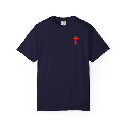 True navy heavyweight cotton unisex tee featuring a small red Orthodox cross on the left chest and bold yellow text with a cross-stabbing-skull design on the back, inspired by the spirit of St Romanos the Melodist. Product name: "O Death Where is Thy Victory?.