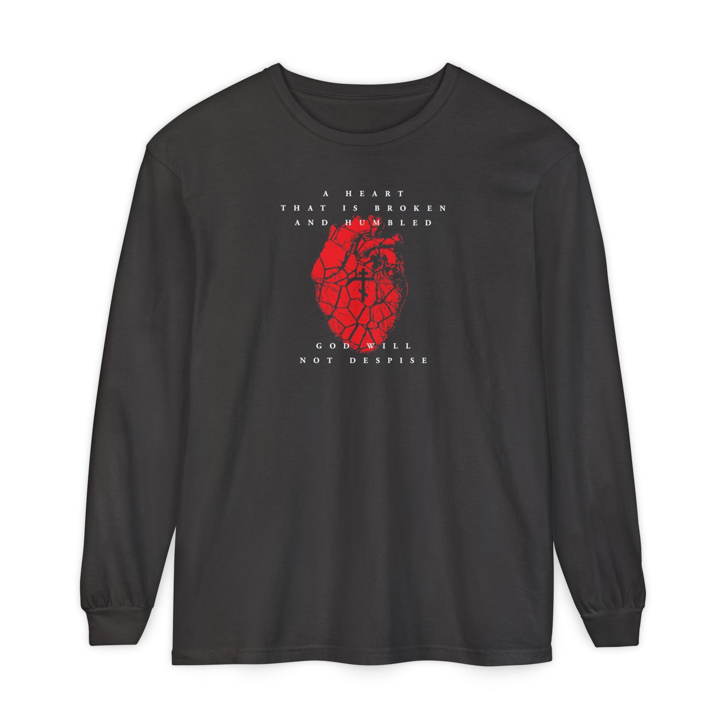 Graphite long-sleeve cotton shirt with cracked heart and Orthodox cross design, inspired by Psalm 51: "A heart that is broken and humbled God will not despise." A meaningful Christian expression of repentance.