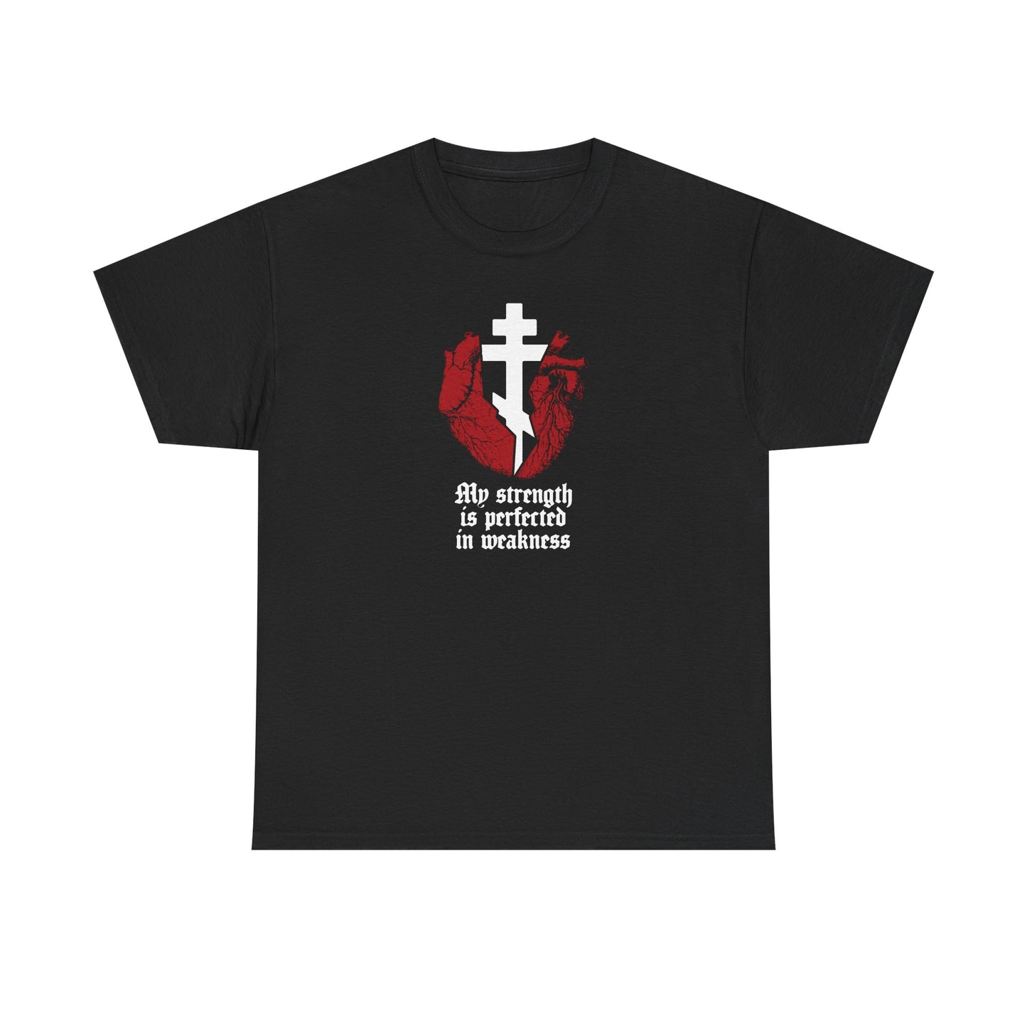 Black “My Strength is Perfected in Weakness (2 Corinthians 12:9)” t-shirt featuring a broken heart with a cross and gothic text—an Orthodox Christian heavy cotton tee inspired by faith and finding strength in weakness.