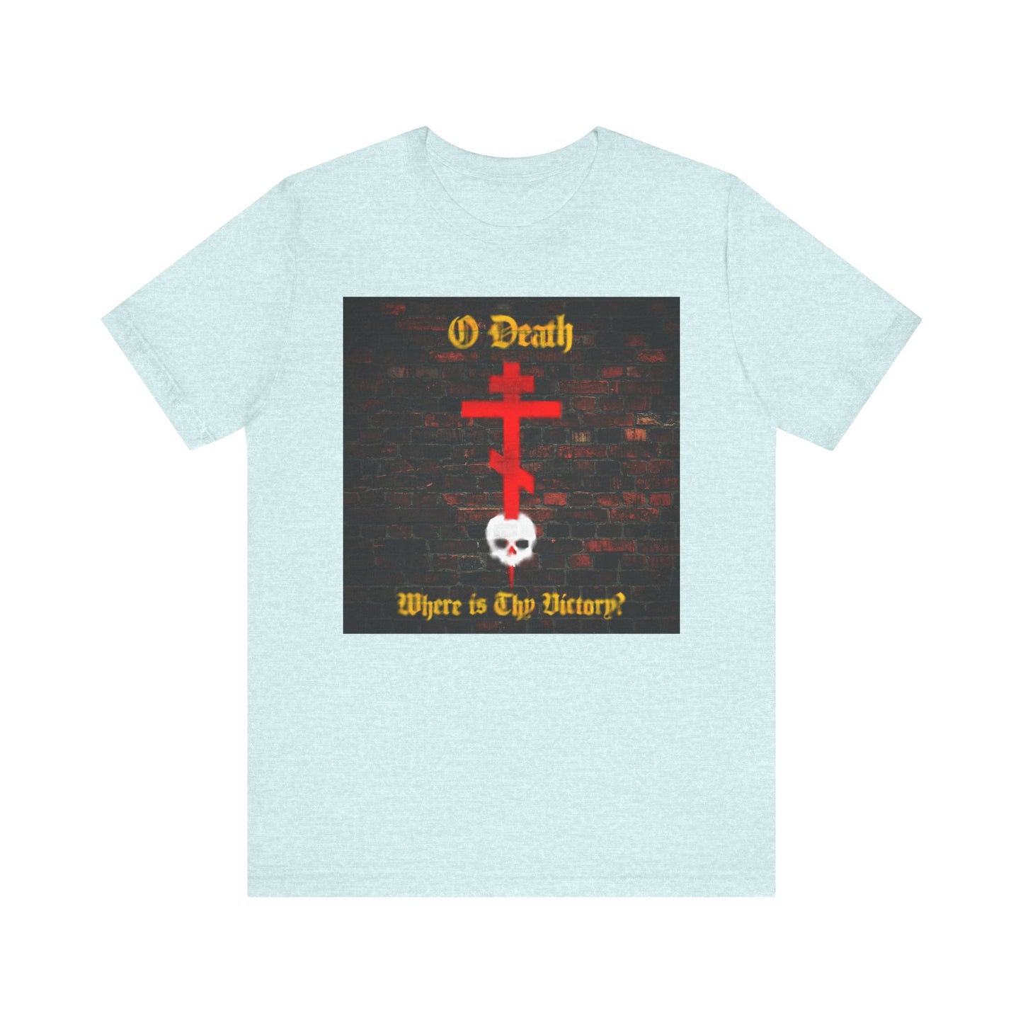 Heather Prism Ice Blue unisex t-shirt featuring a graffiti-style Orthodox cross stabbing a white skull with the text "O Death, Where is Thy Victory?"—a striking Christian design on lightweight cotton.