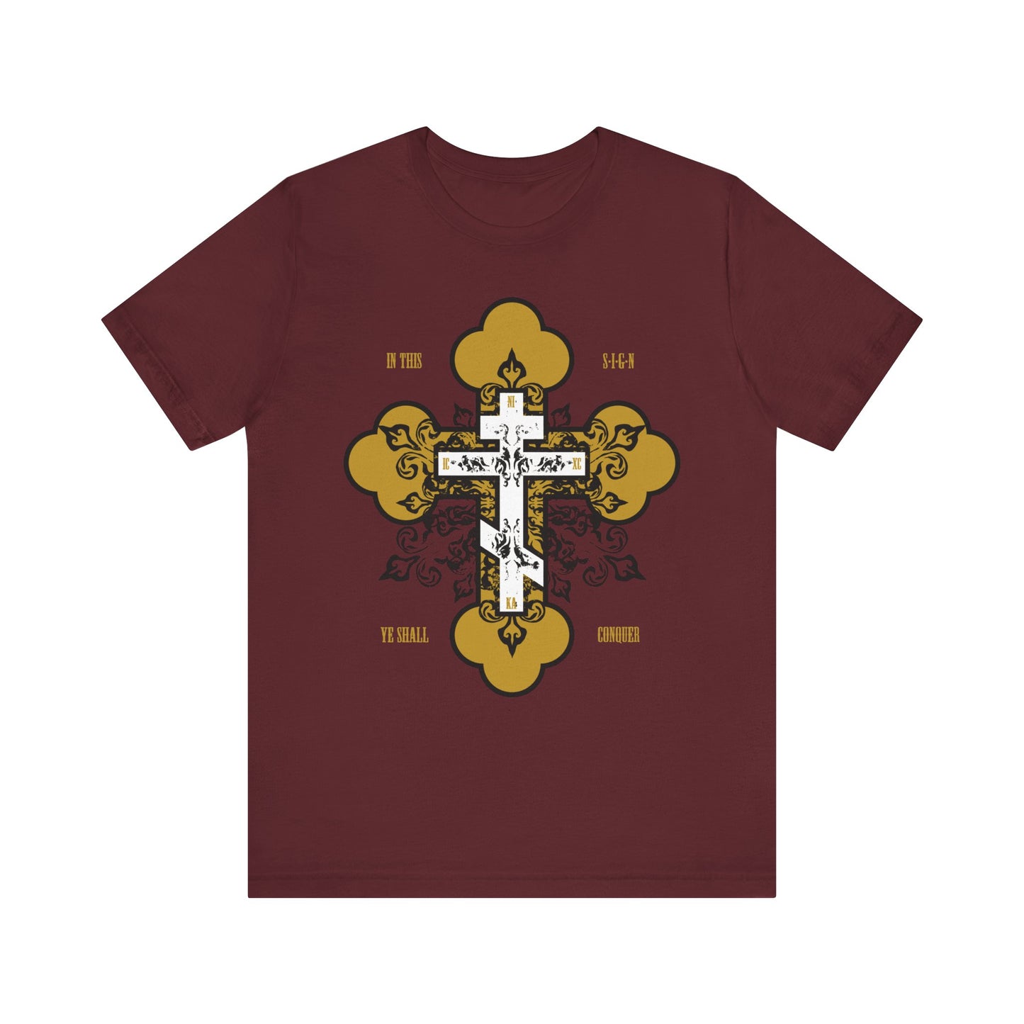 Maroon "In This Sign Ye Shall Conquer" tee features a gold & white Orthodox ornate cross and "In Hoc Signo Vinces" text—a lightweight unisex cotton shirt inspired by spiritual warfare and faith.