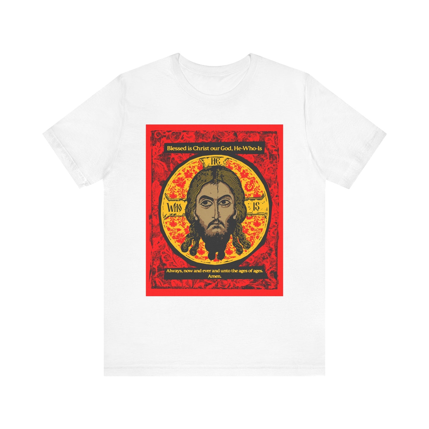 White “Made Without Hands (Mandylion/Image of Edessa)” unisex tee featuring a stylized Jesus Christ Orthodox icon graphic with red and gold background, inspired by an Orthodox hymn; lightweight cotton shirt with design and text.
