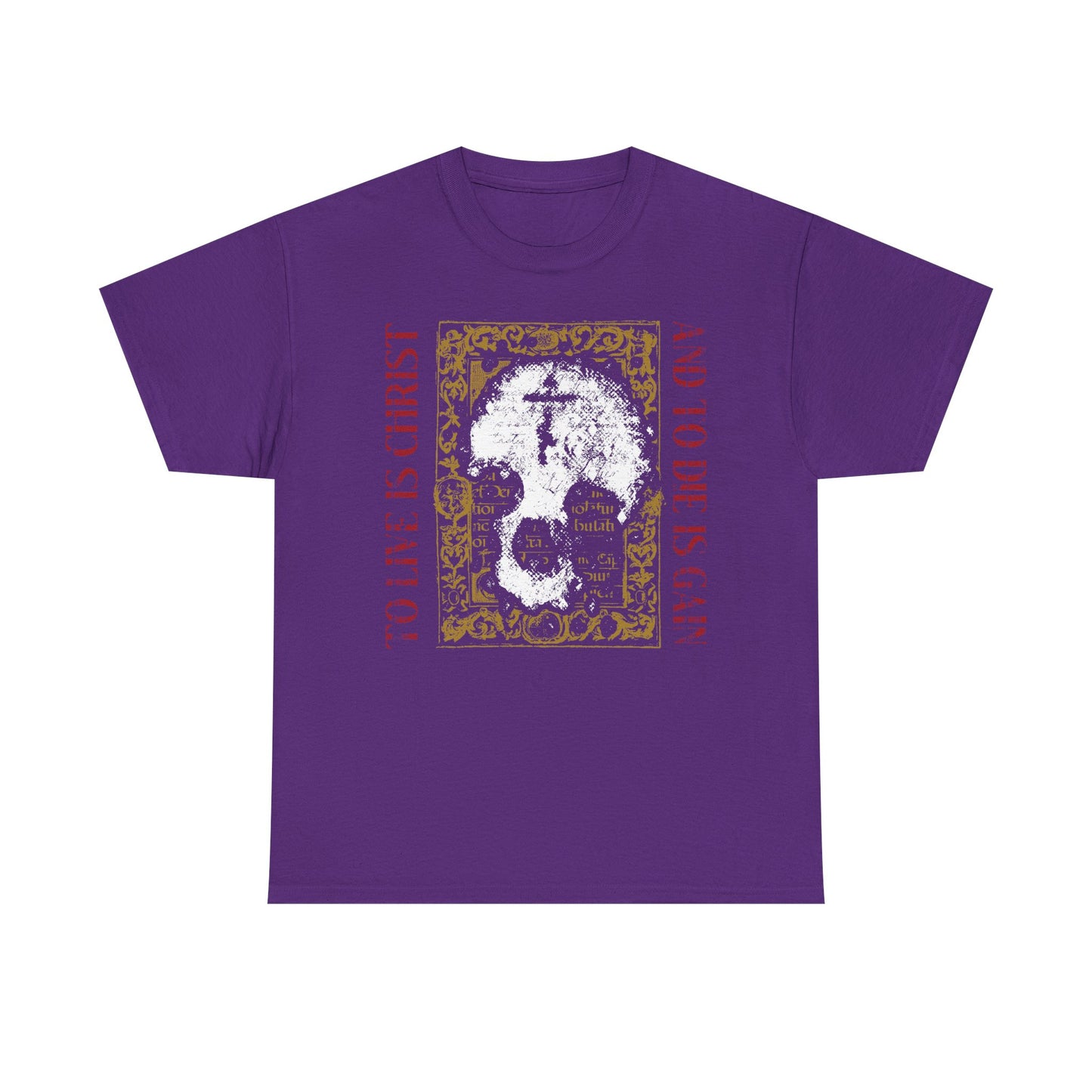 Purple “To Live is Christ, to Die is Gain” (Philippians 1:21) t-shirt features a skull with cross on gold manuscript texture—Orthodox Christian design on heavy cotton.