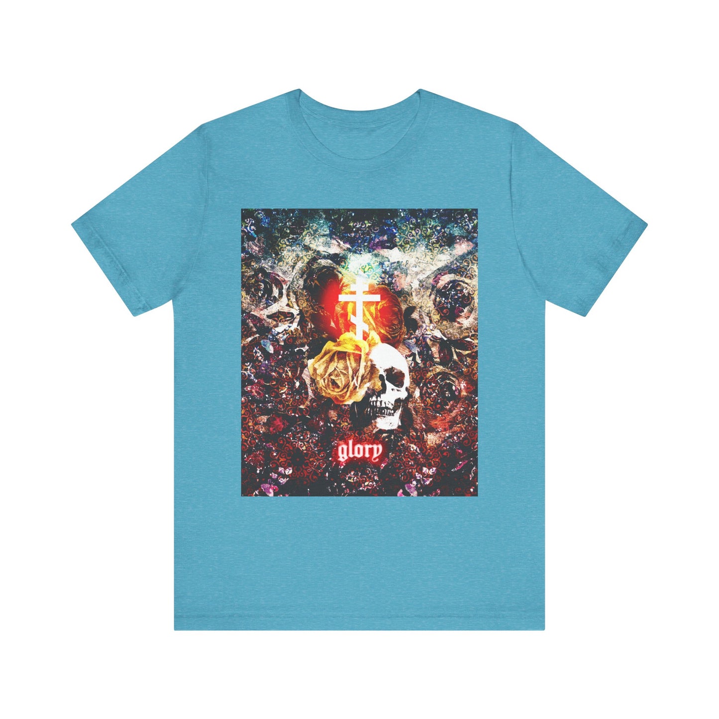 Heather aqua unisex tee featuring a skull, roses, and a glowing cross—evoking the dramatic tension of the Last Supper and Jesus’ betrayal by Judas Iscariot—with “Now the Son of Man is Glorified (John 13:31)” displayed at the bottom.