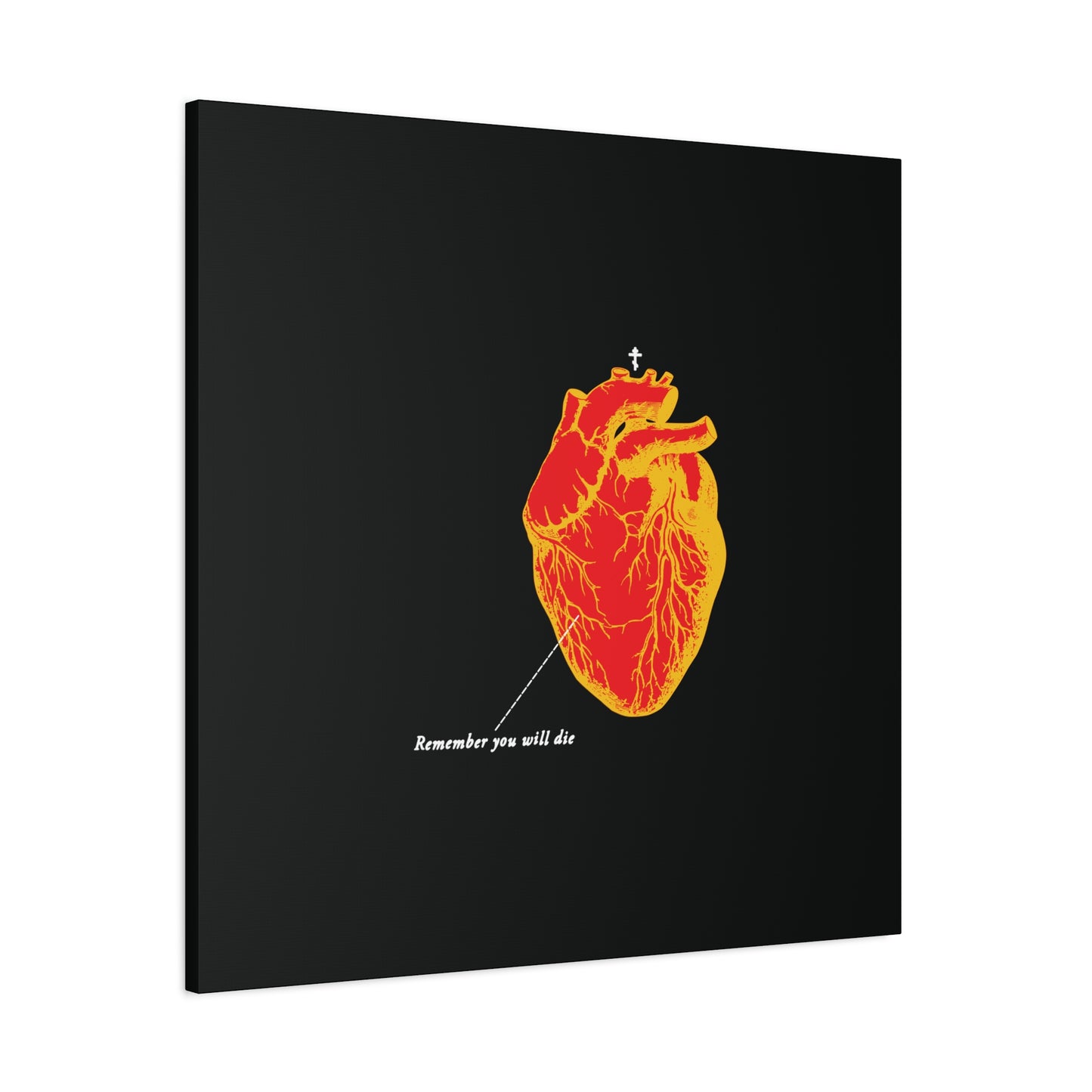 The "Remember You Will Die Retro Medical Textbook Heart Design" features an inverted red and orange anatomical heart with the memento mori text, inspired by Orthodox Christian tradition, on a striking black canvas wall art background.