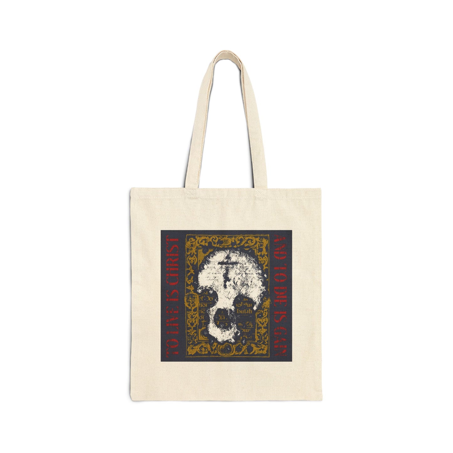 To Live is Christ, to Die is Gain (Philippians 1:21) | Skull with Cross on Gold Manuscript Texture | Orthodox Christian Tote Bag