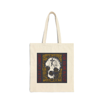 To Live is Christ, to Die is Gain (Philippians 1:21) | Skull with Cross on Gold Manuscript Texture | Orthodox Christian Tote Bag