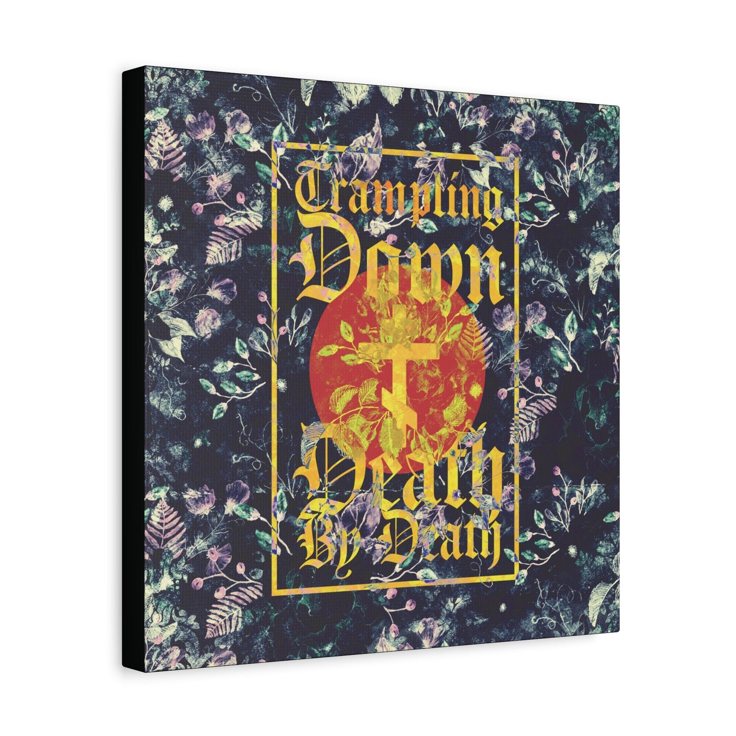 Trampling Down Death By Death | Paschal Floral Design with Gothic Script and Three-Bar Cross | Orthodox Christian Canvas Art