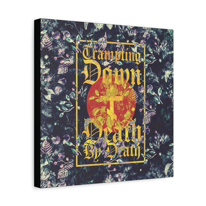 Trampling Down Death By Death | Paschal Floral Design with Gothic Script and Three-Bar Cross | Orthodox Christian Canvas Art
