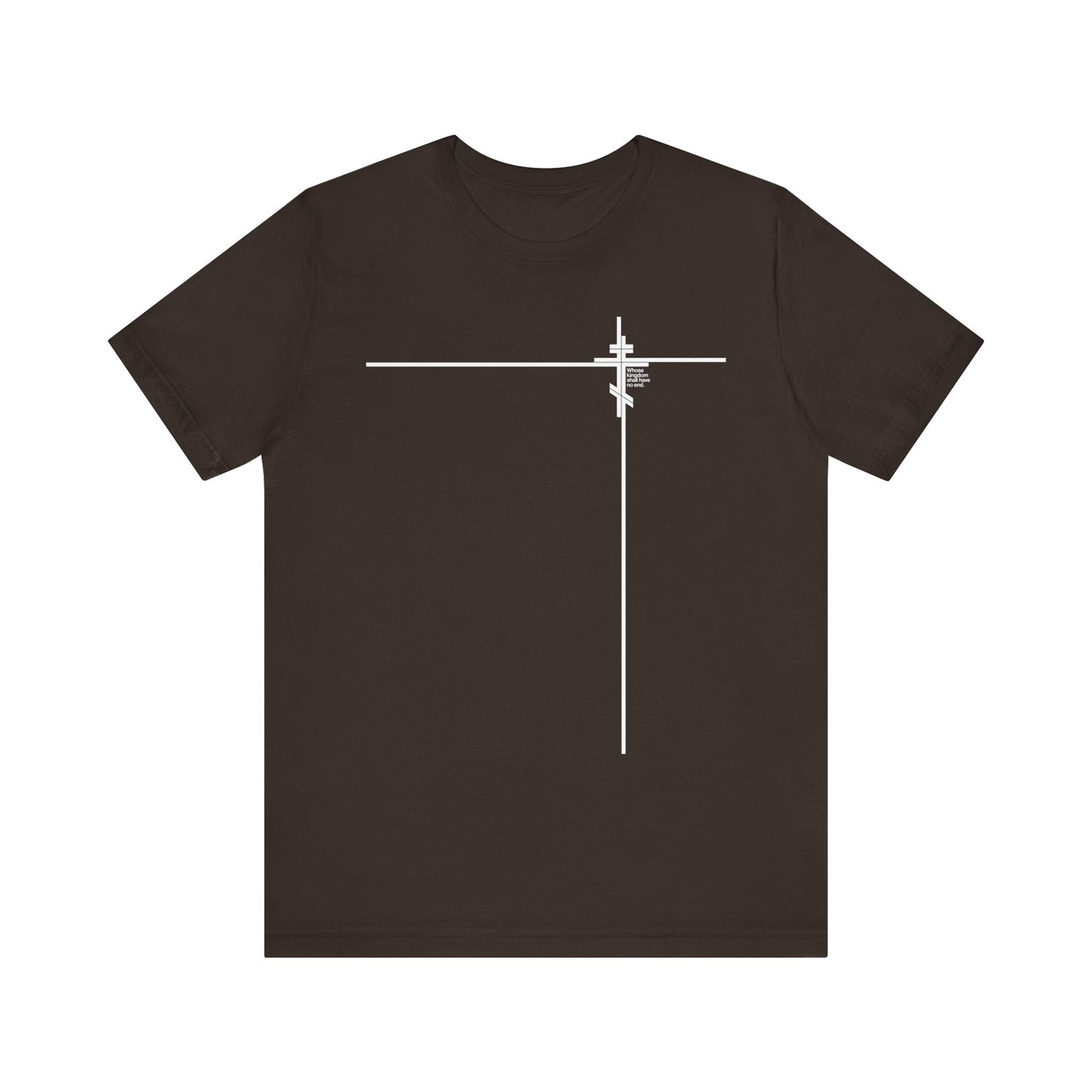 Brown t-shirt featuring a minimalist white Orthodox cross logo on the front—an abstract and subtle reference to Christ’s everlasting kingdom, inspired by Luke 1:32-33.
