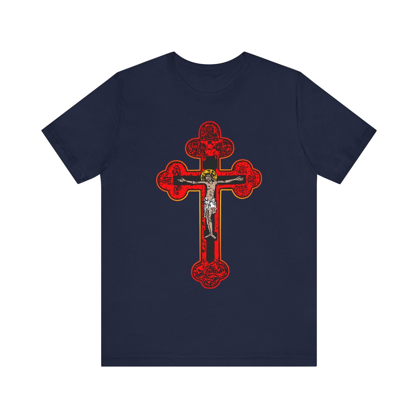 Navy "Red Orthodox Christian Crucifix" lightweight cotton tee featuring a large ornate Byzantine Golgotha cross with Christ crucified at the center, symbolizing faith in the Son of God and inspired by Isaiah 53:3-5.