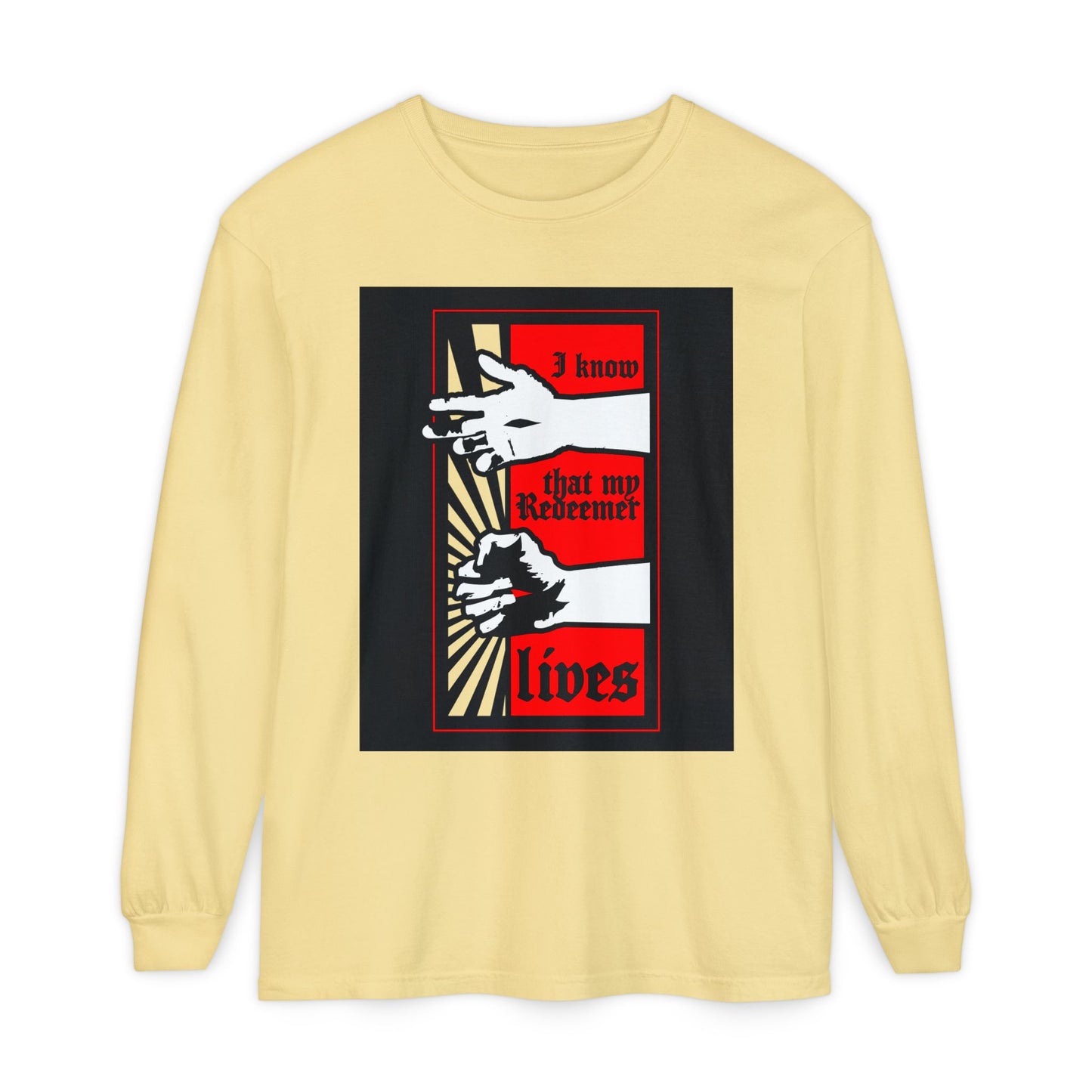 Butter long-sleeve features a comic-style design of the resurrected Jesus’ fist with divine power and the text “I Know That My Redeemer Lives (Job 19:25)”—an Orthodox Christian reminder of faith and hope.