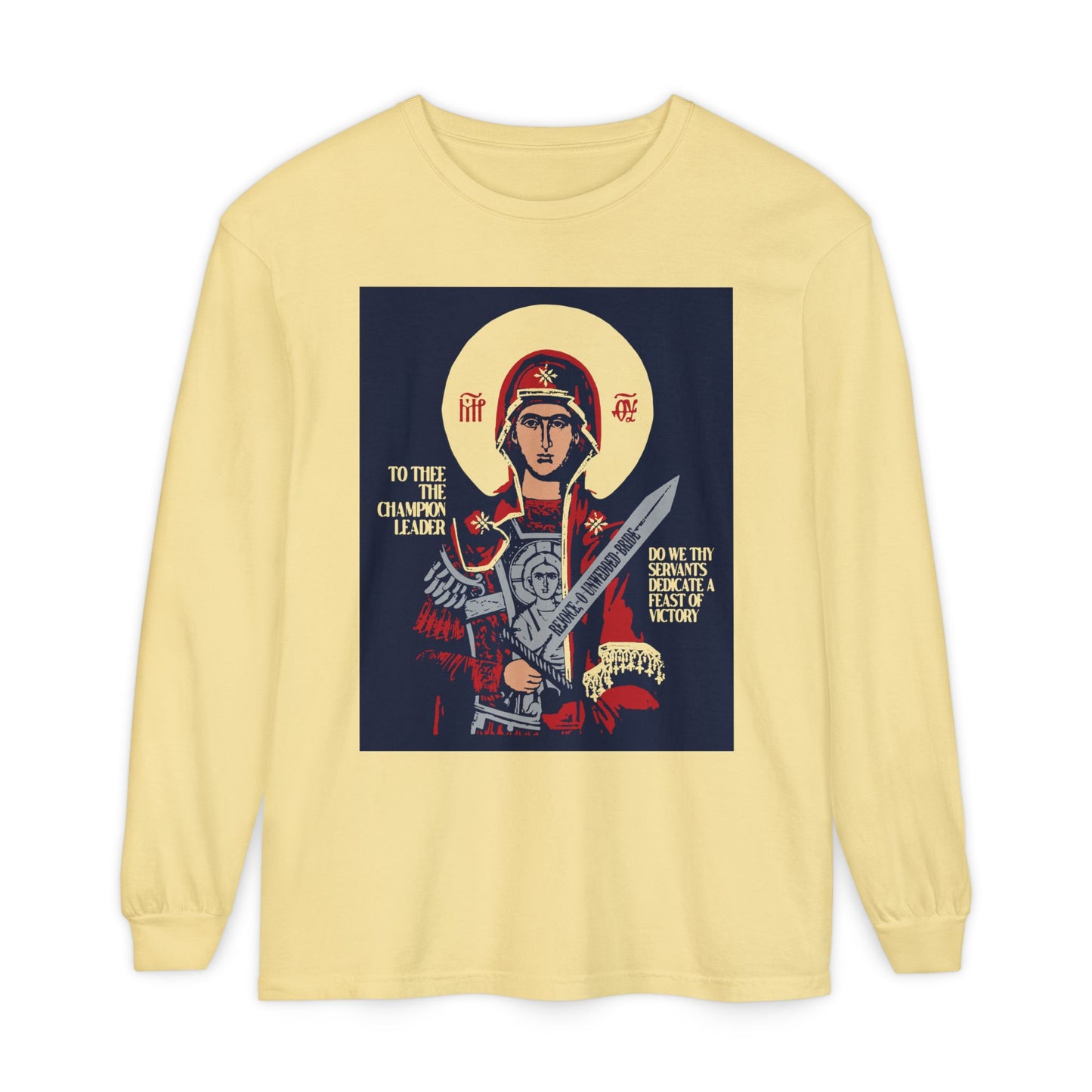 To Thee the Champion Leader | Mother of God | Theotokos with Sword IconoGraphic | Orthodox Christian Long Sleeve Shirt