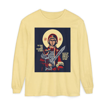 To Thee the Champion Leader | Mother of God | Theotokos with Sword IconoGraphic | Orthodox Christian Long Sleeve Shirt